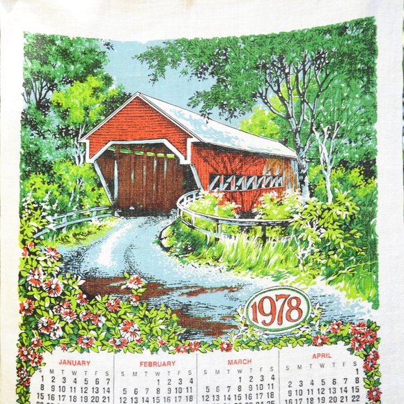 Vintage 1978 Red Covered Bridge in Spring/Summer w/ Flowers Calendar Tea Towel - Picture 4 of 8